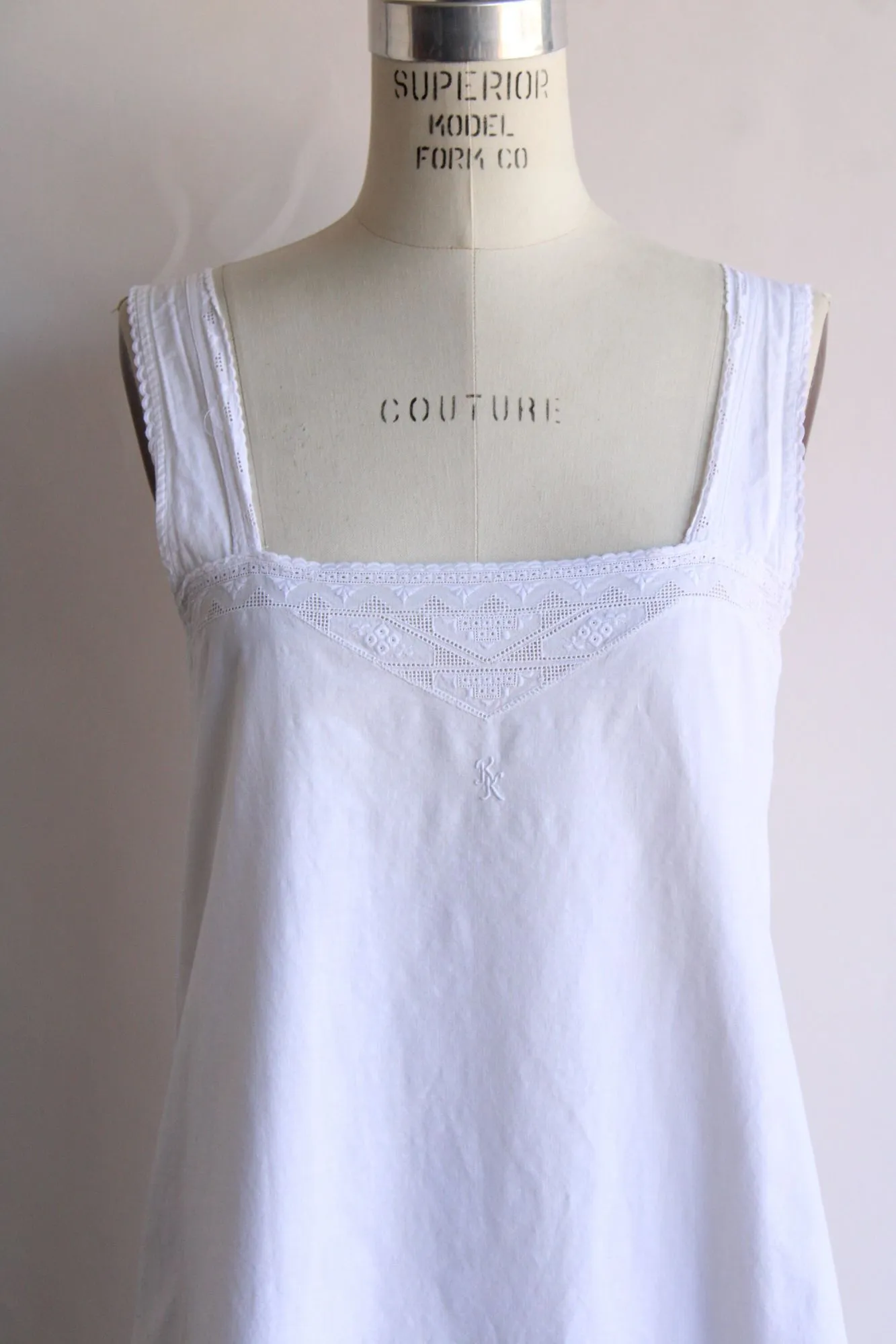 Vintage 1920s White Cotton Chemise, Monogrammed KK