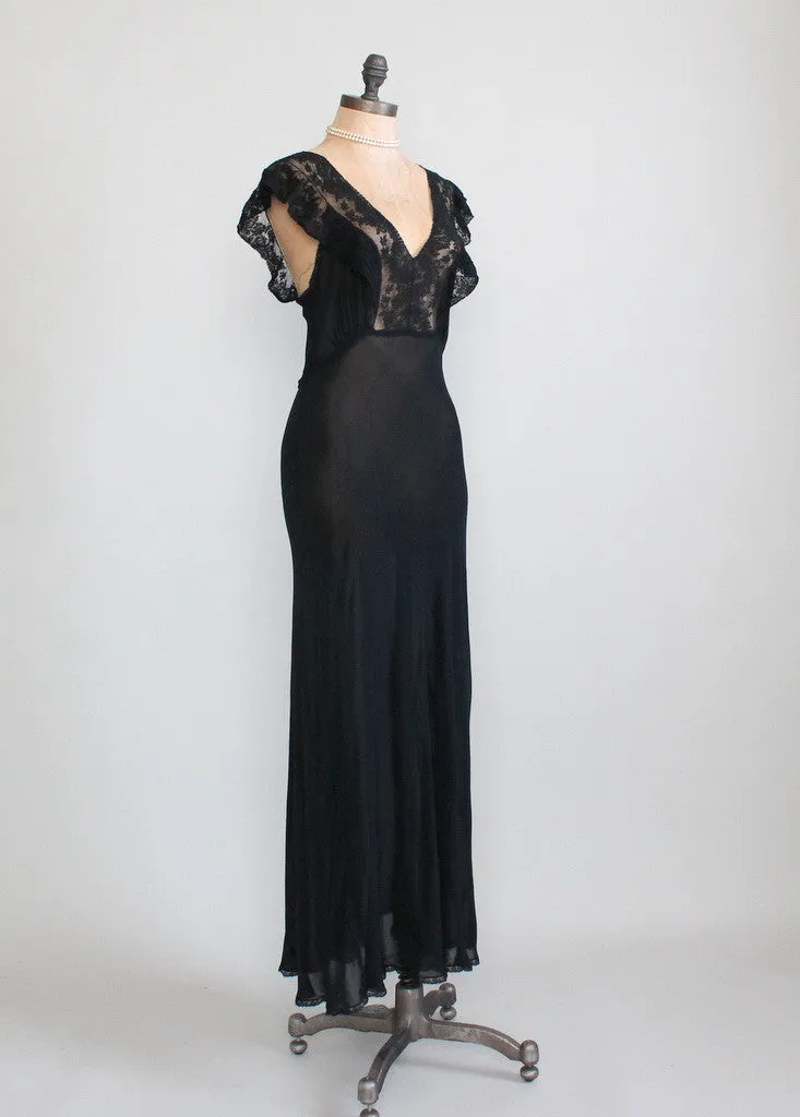 Vintage 1930s Black Crepe and Lace Nightgown