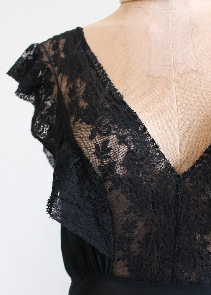 Vintage 1930s Black Crepe and Lace Nightgown
