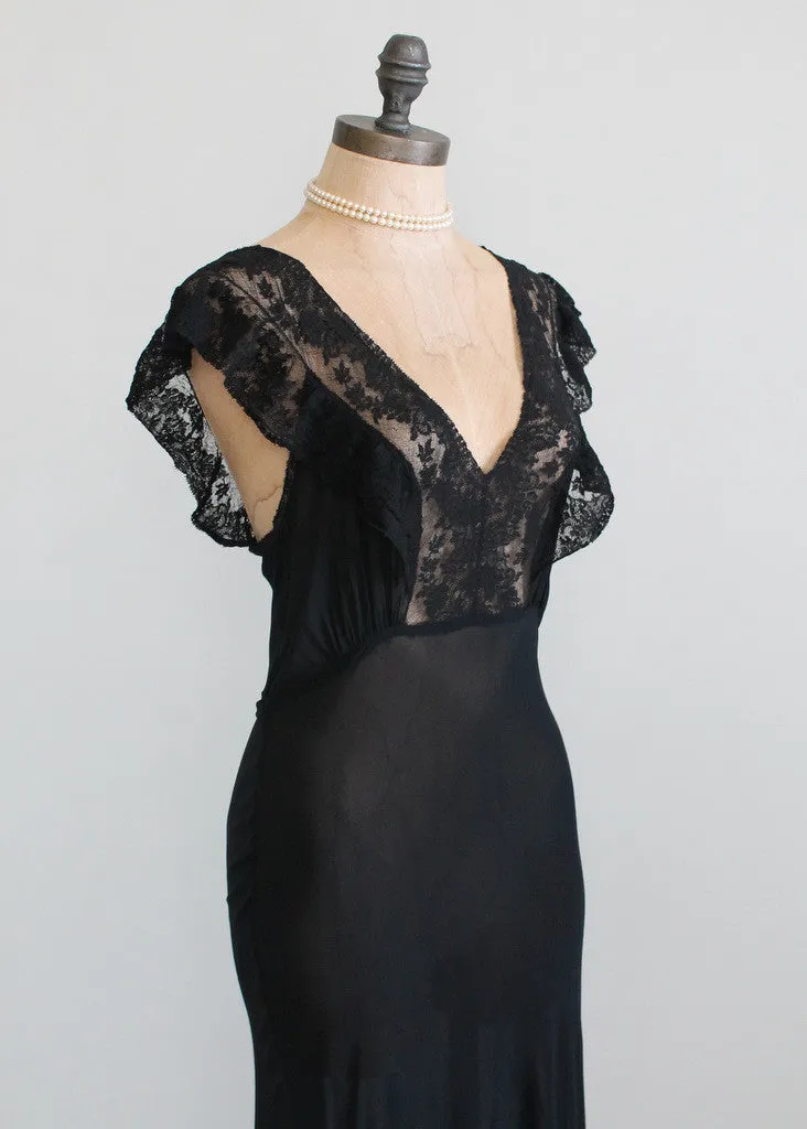 Vintage 1930s Black Crepe and Lace Nightgown