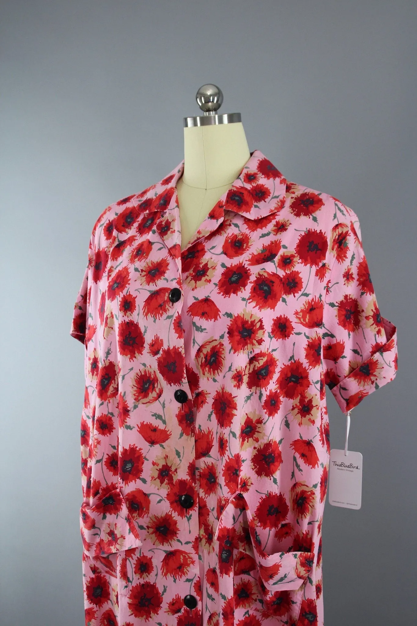 Vintage 1950s Nightgown / Maternity Dress in Pink & Red Poppies