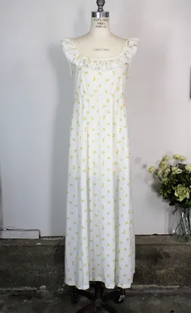Vintage 1970s 1980s Floral Print Nightgown With Tiny Yellow Flowers And Swiss Dots