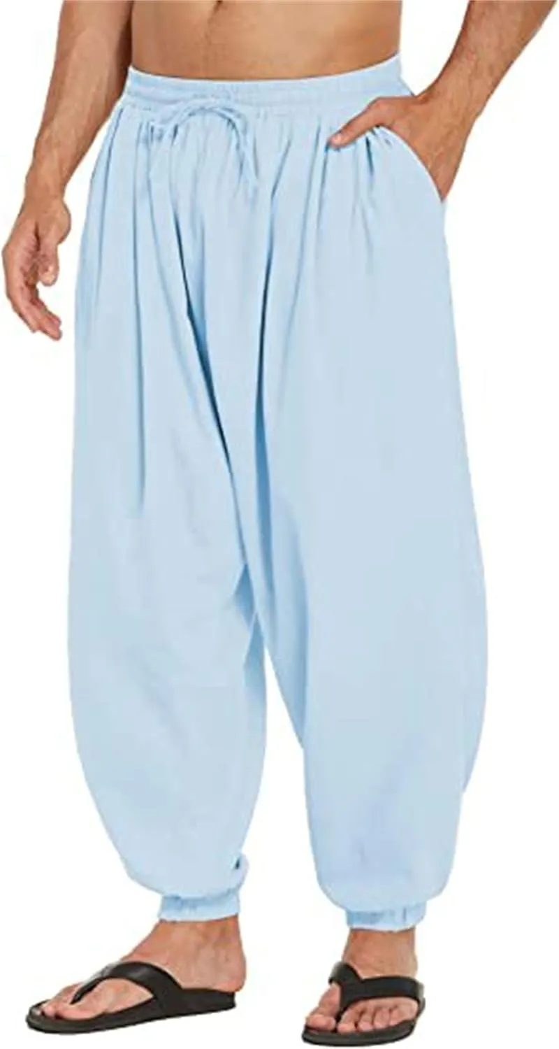 Wankang Men's Cotton Linen Harem Pants Drawstring Casual Bagge Trousers Lightweight Loose Beach Yoga Pants for Men