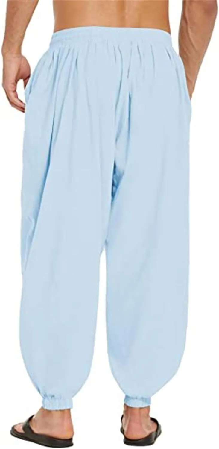 Wankang Men's Cotton Linen Harem Pants Drawstring Casual Bagge Trousers Lightweight Loose Beach Yoga Pants for Men