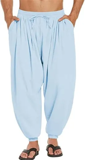 Wankang Men's Cotton Linen Harem Pants Drawstring Casual Bagge Trousers Lightweight Loose Beach Yoga Pants for Men