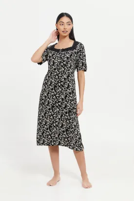 Women Black Floral Print Nightgown
