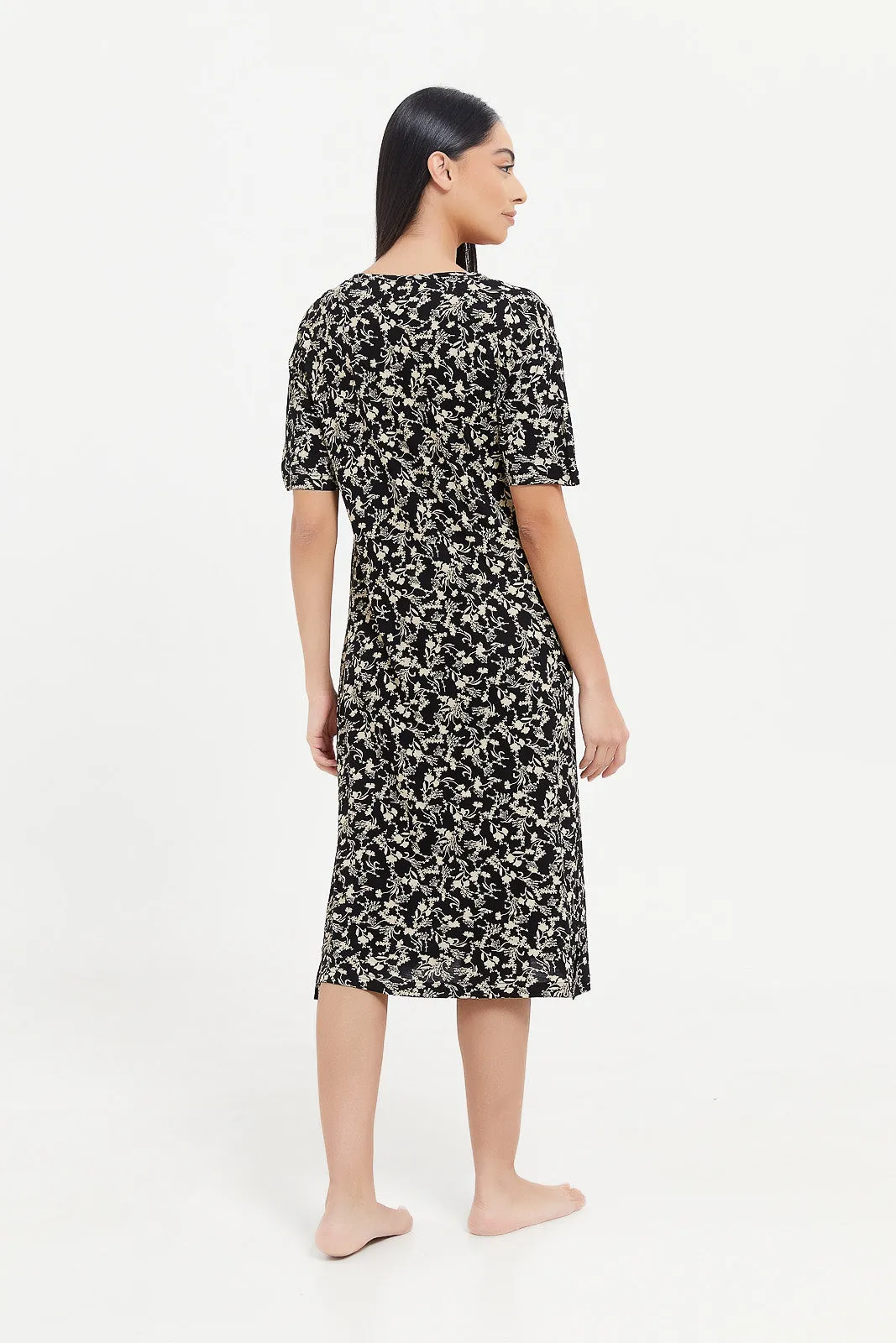 Women Black Floral Print Nightgown