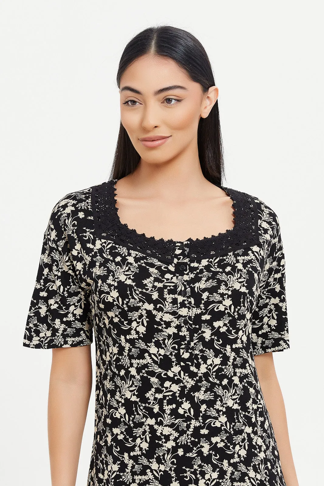 Women Black Floral Print Nightgown