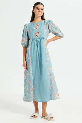 Women Blue Front Embroidery Print Nightgown