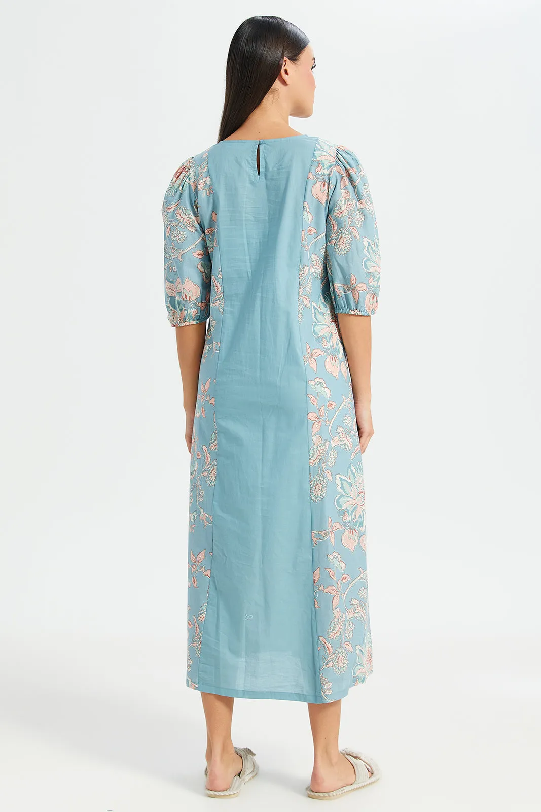Women Blue Front Embroidery Print Nightgown
