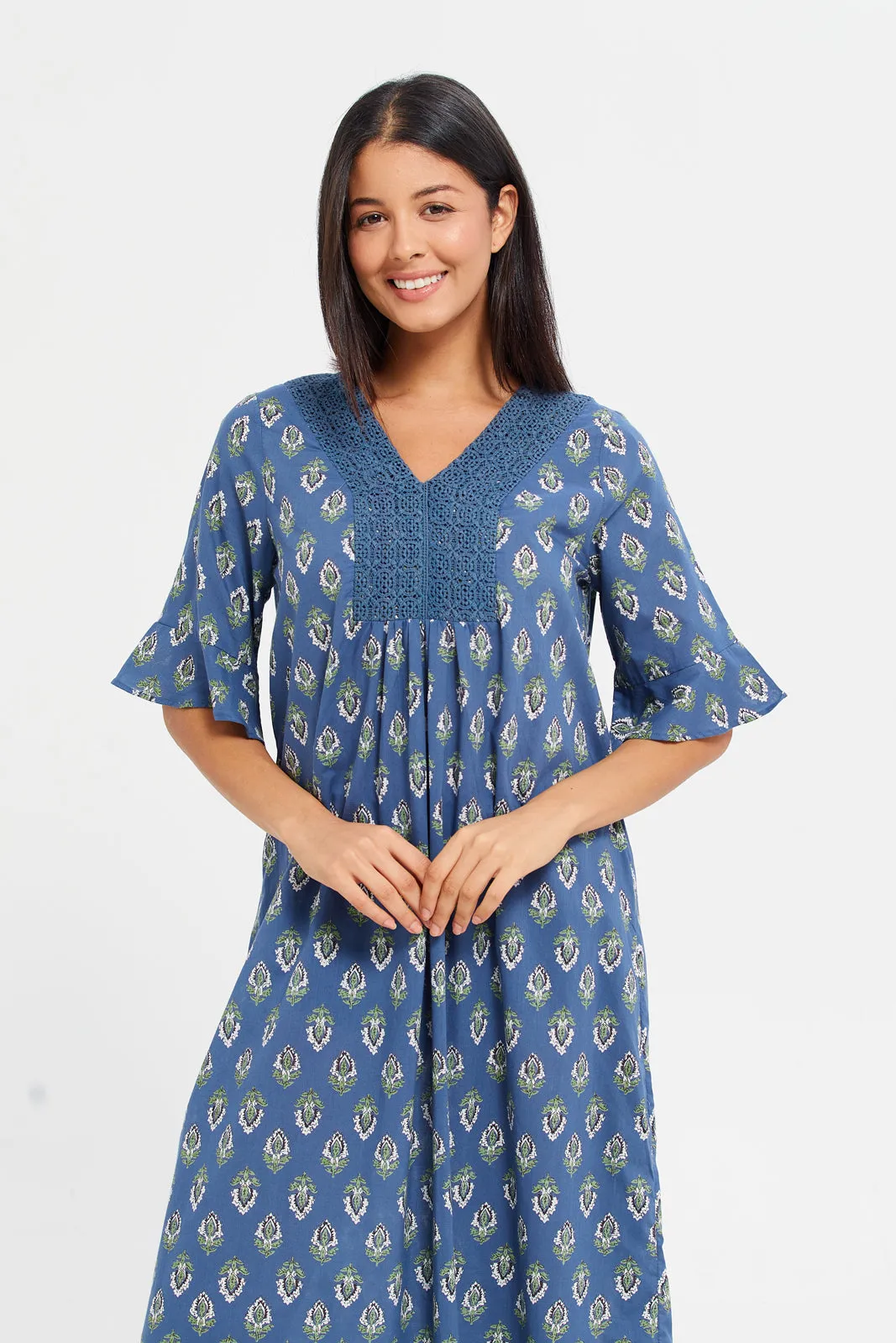 Women Blue Printed Front Lace Nightgown