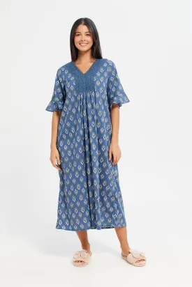 Women Blue Printed Front Lace Nightgown