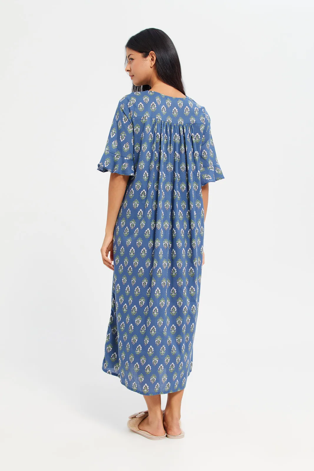 Women Blue Printed Front Lace Nightgown