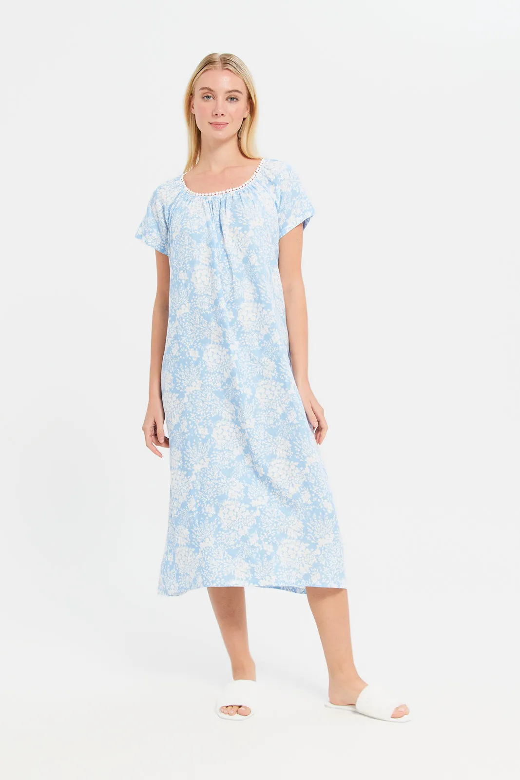 Women Blue Printed Round Lace Nightgown