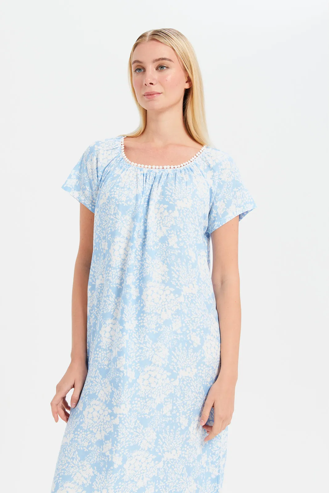 Women Blue Printed Round Lace Nightgown