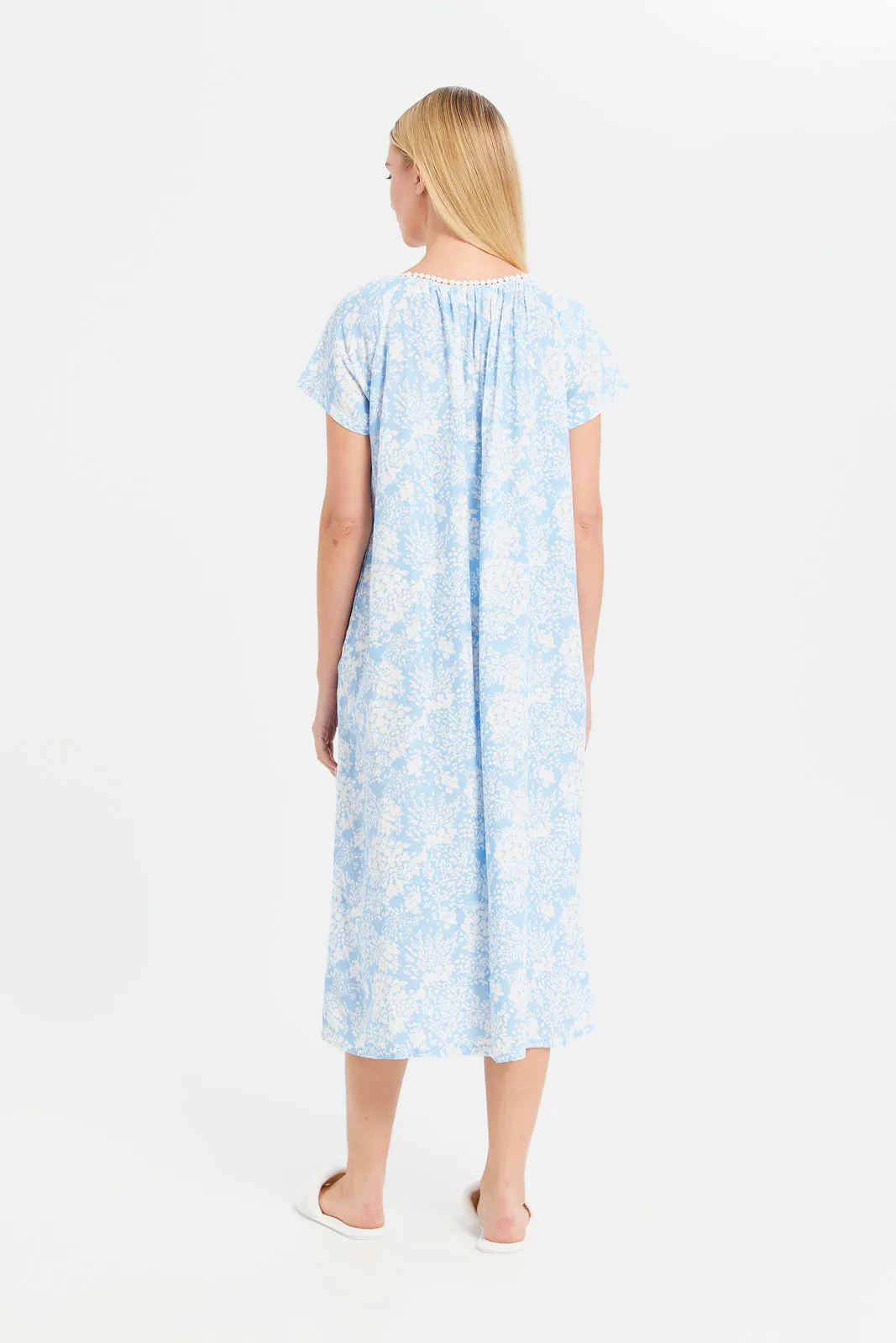 Women Blue Printed Round Lace Nightgown
