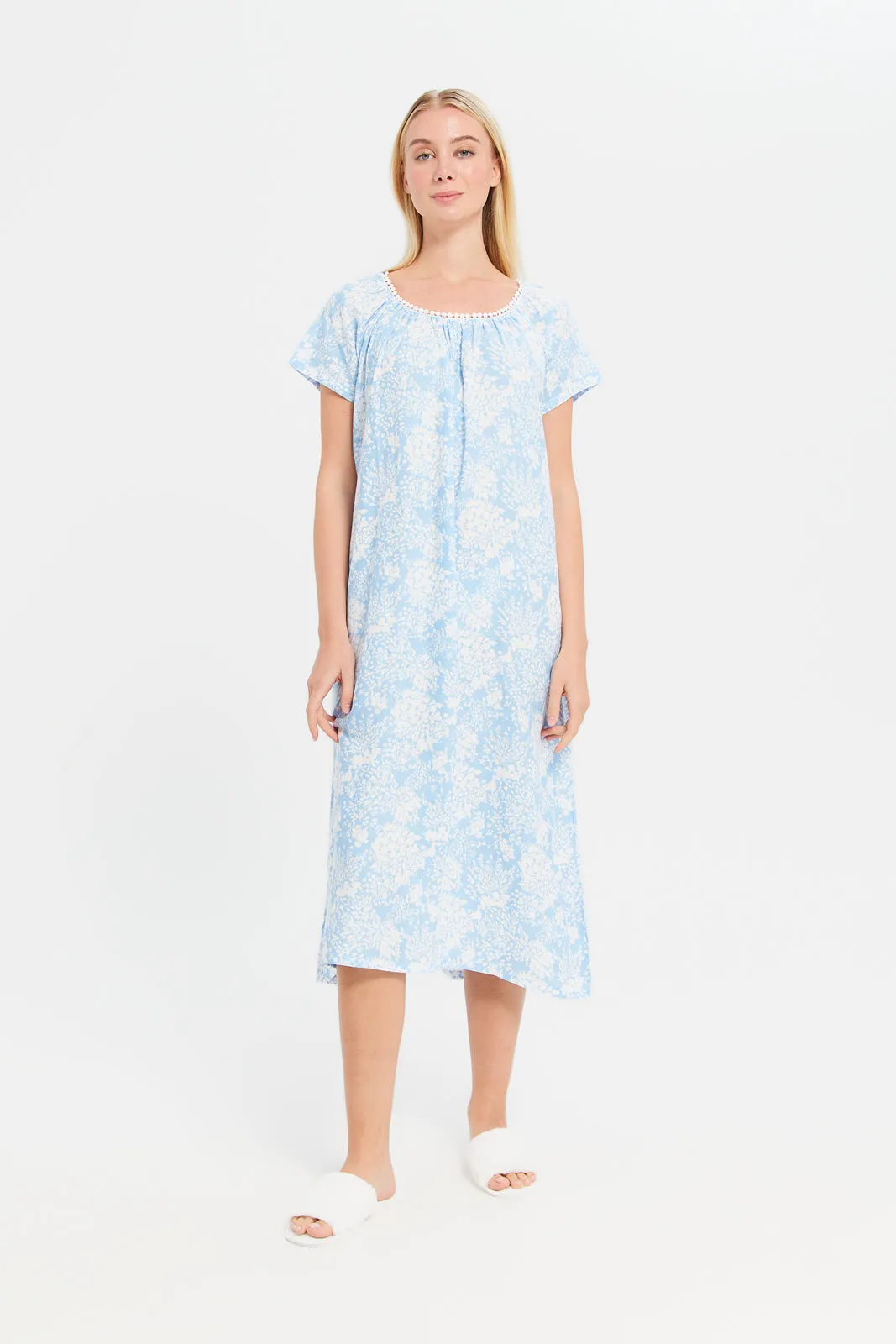 Women Blue Printed Round Lace Nightgown