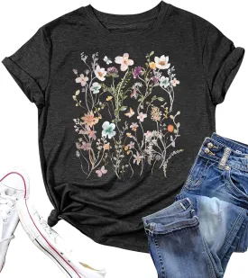 Women Boho Flower T Shirt Vintage Floral Graphic Shirt Botanical Tee Wildflowers Shirts Garden Lover Top