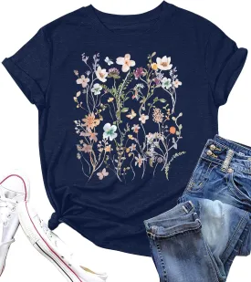 Women Boho Flower T Shirt Vintage Floral Graphic Shirt Botanical Tee Wildflowers Shirts Garden Lover Top