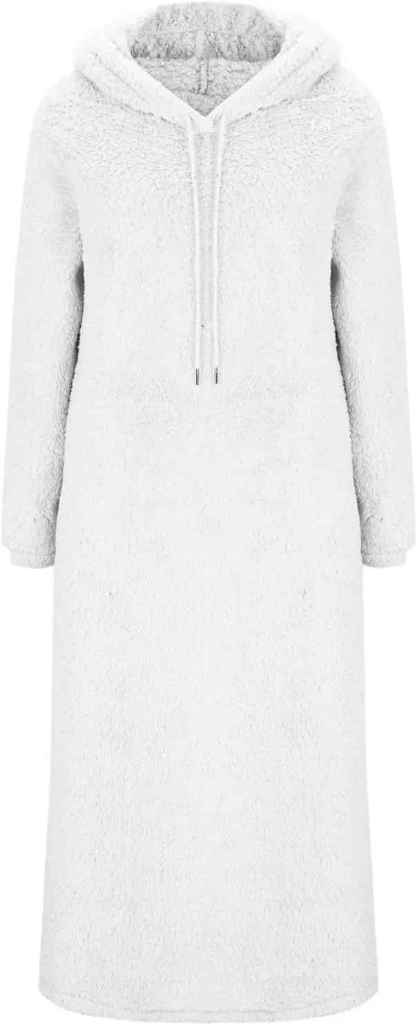 Women Fuzzy Fleece Hoodie Night Dress Casual Long Sleeve Hooded House Coat Sleepwear Flannel Nightgowns with Pockets