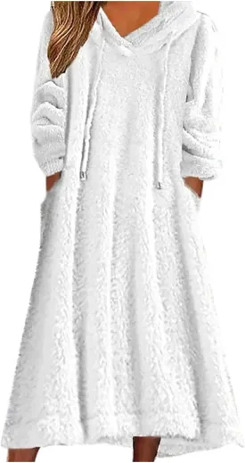 Women Fuzzy Fleece Hoodie Night Dress Casual Long Sleeve Hooded House Coat Sleepwear Flannel Nightgowns with Pockets