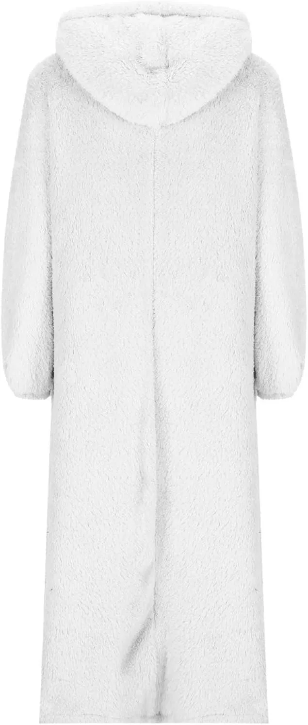 Women Fuzzy Fleece Hoodie Night Dress Casual Long Sleeve Hooded House Coat Sleepwear Flannel Nightgowns with Pockets