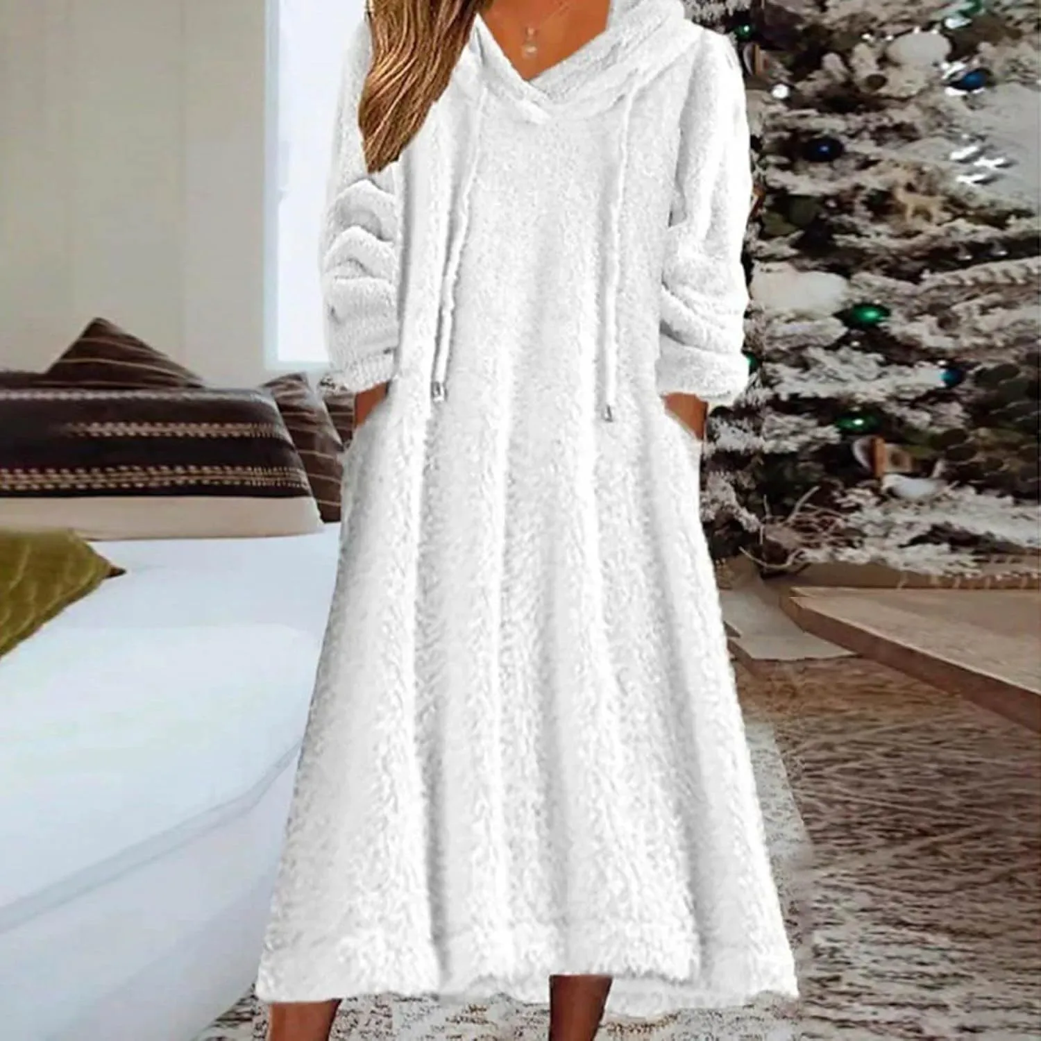 Women Fuzzy Fleece Hoodie Night Dress Casual Long Sleeve Hooded House Coat Sleepwear Flannel Nightgowns with Pockets