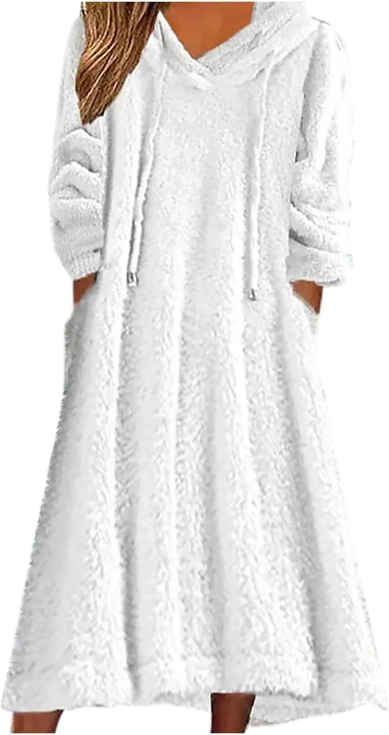 Women Fuzzy Fleece Hoodie Night Dress Casual Long Sleeve Hooded House Coat Sleepwear Flannel Nightgowns with Pockets