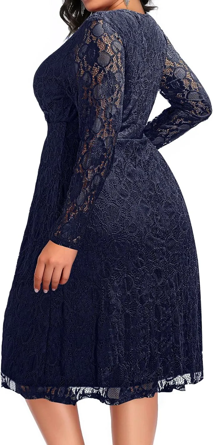 Women Plus Size Wedding Guest Dresses Cocktail Black Wrap Lace Fall Formal Long Sleeve Knee Length Evening Party Dress
