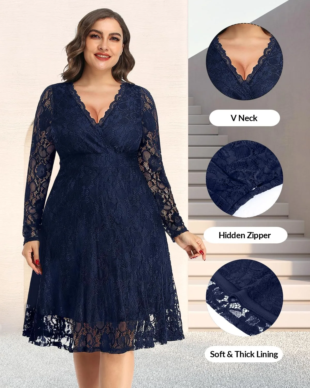 Women Plus Size Wedding Guest Dresses Cocktail Black Wrap Lace Fall Formal Long Sleeve Knee Length Evening Party Dress