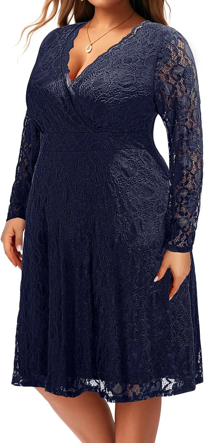 Women Plus Size Wedding Guest Dresses Cocktail Black Wrap Lace Fall Formal Long Sleeve Knee Length Evening Party Dress
