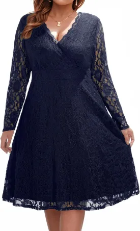 Women Plus Size Wedding Guest Dresses Cocktail Black Wrap Lace Fall Formal Long Sleeve Knee Length Evening Party Dress