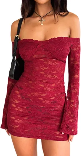 Women Sexy Off Shoulder Floral Lace Bodycon Mini Dress Y2K Flared Sleeves Short Dress Mesh Sheer Night Out Dresses