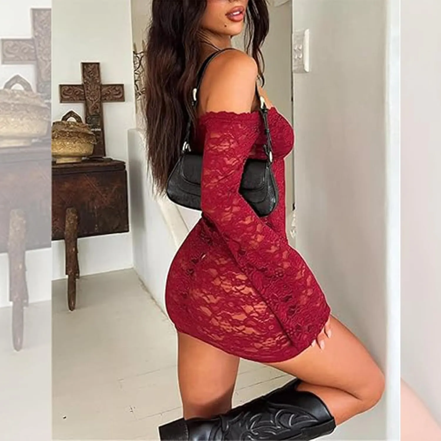 Women Sexy Off Shoulder Floral Lace Bodycon Mini Dress Y2K Flared Sleeves Short Dress Mesh Sheer Night Out Dresses