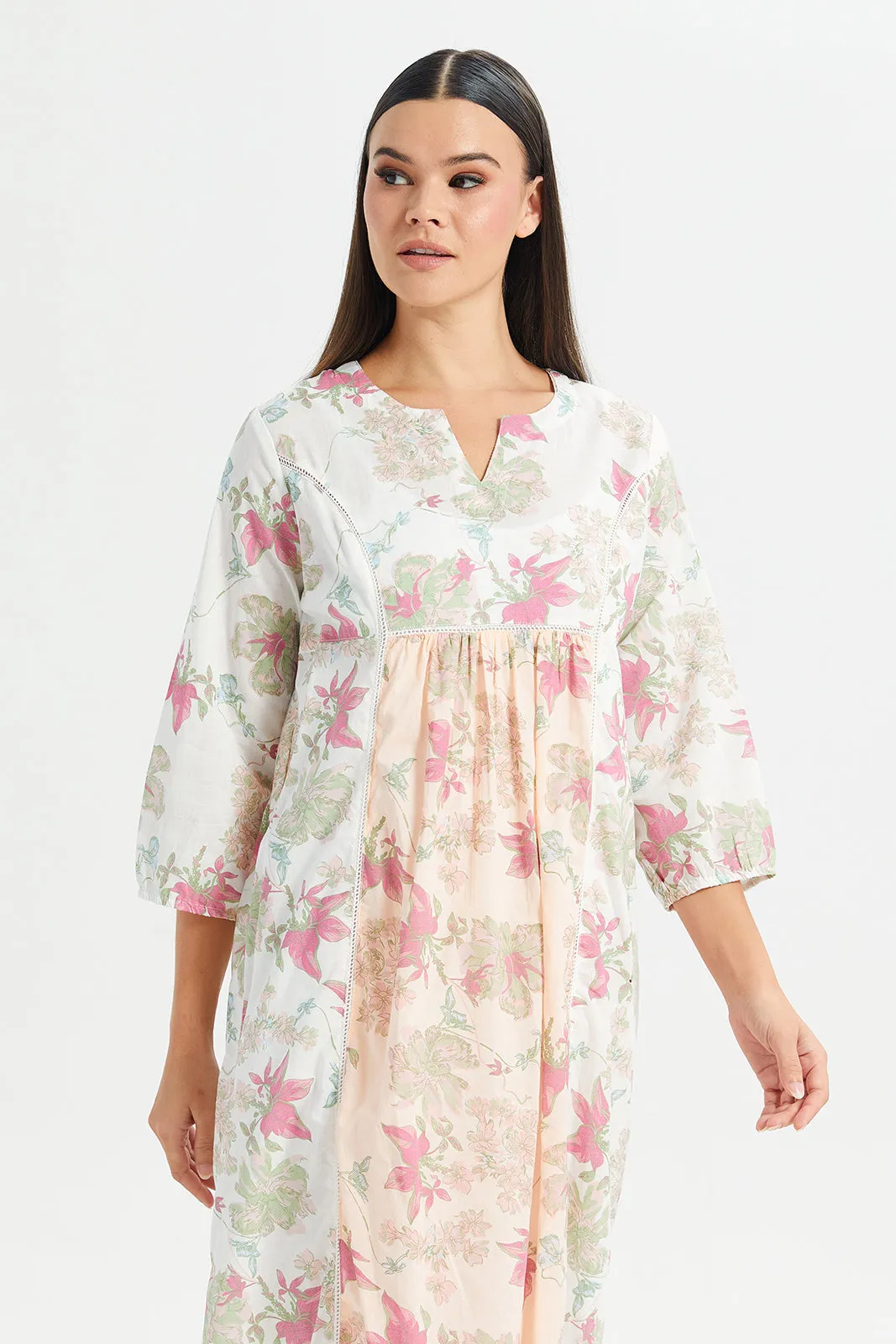 Women White Front Border Print Nightgown