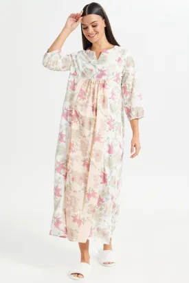 Women White Front Border Print Nightgown