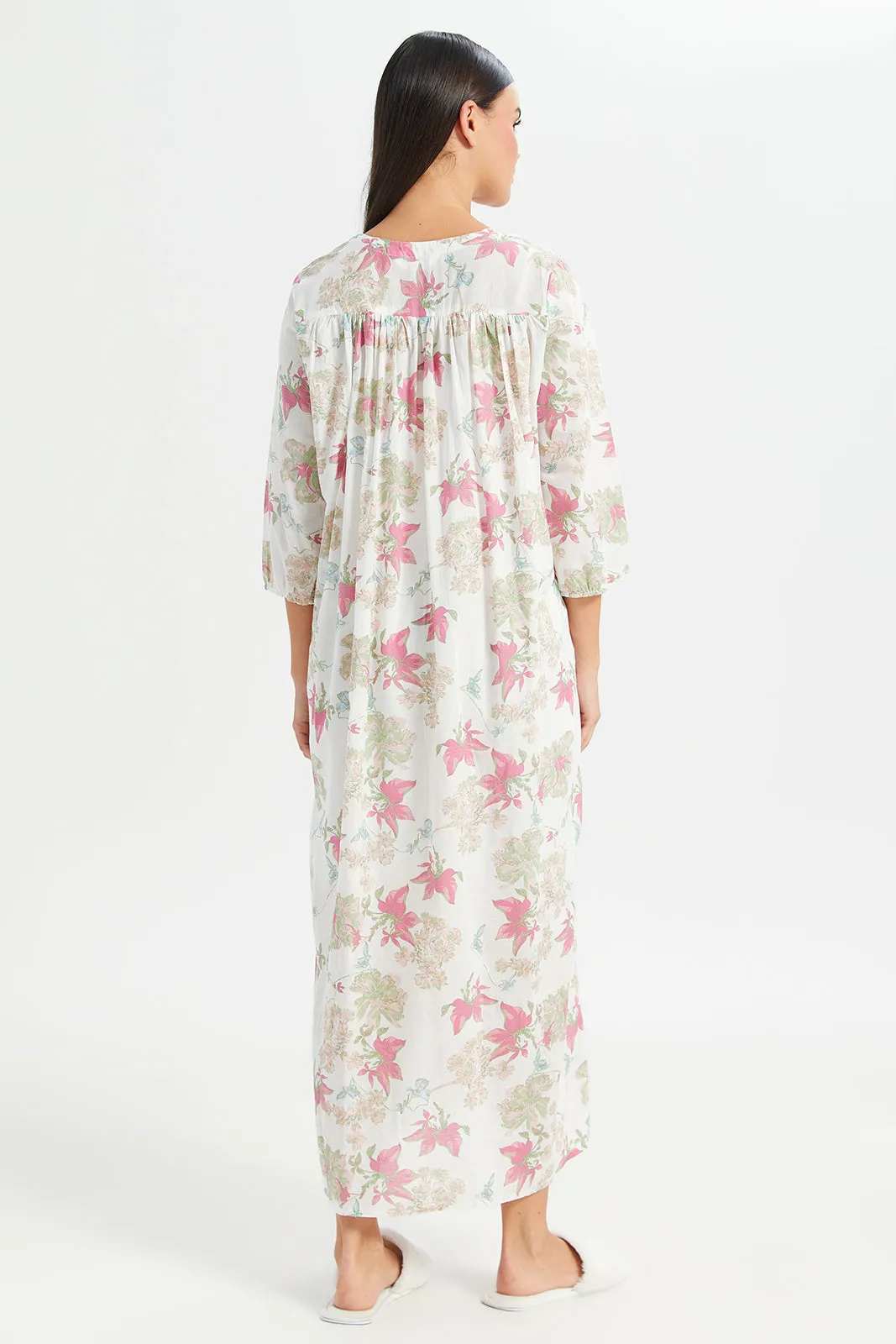 Women White Front Border Print Nightgown