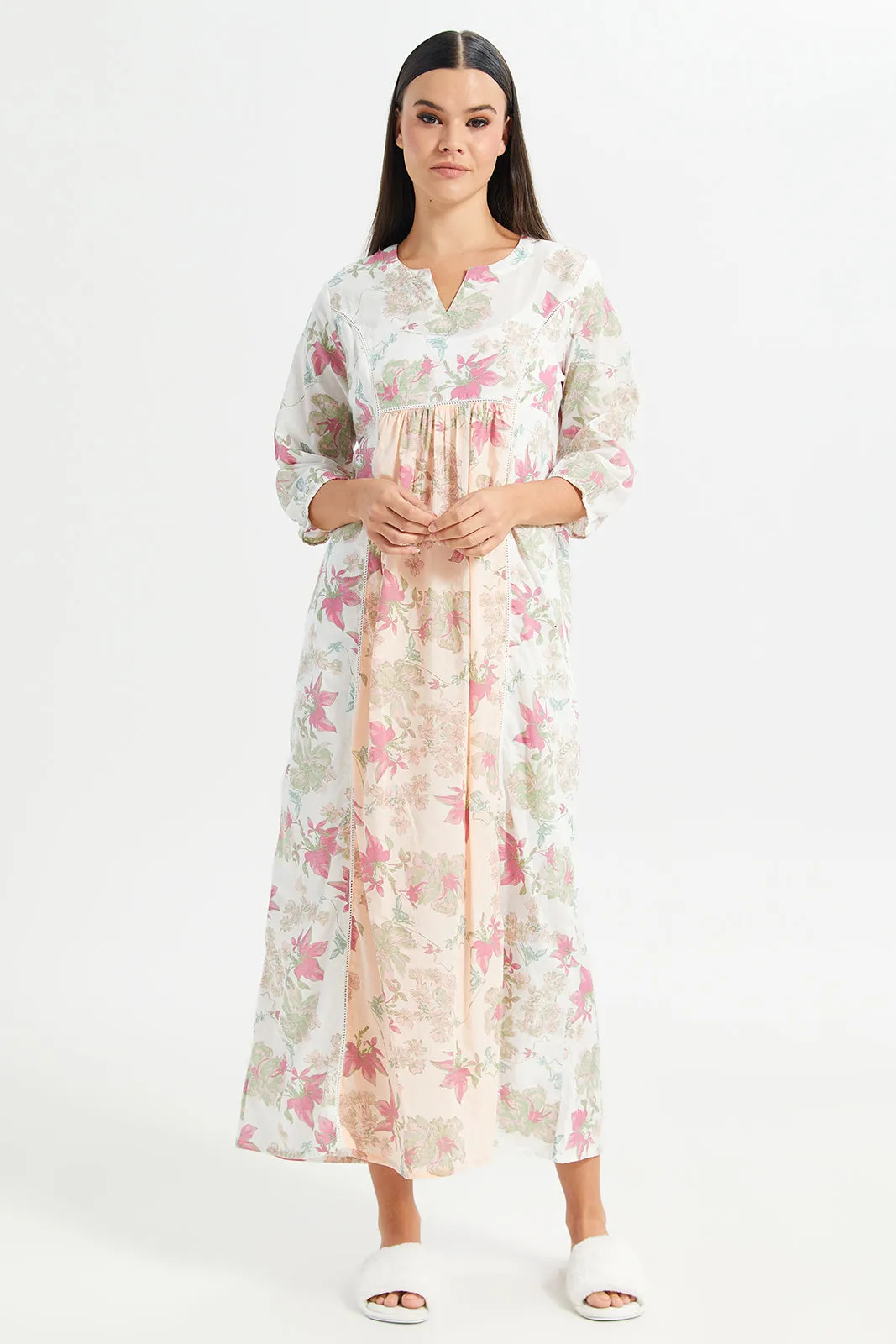 Women White Front Border Print Nightgown
