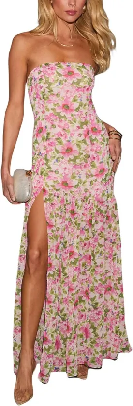 Women Y2K Floral Long Tube Dress Strapless Backless Maxi Dress Flowy Sleeveless Boho Sundress Summer Beachwear