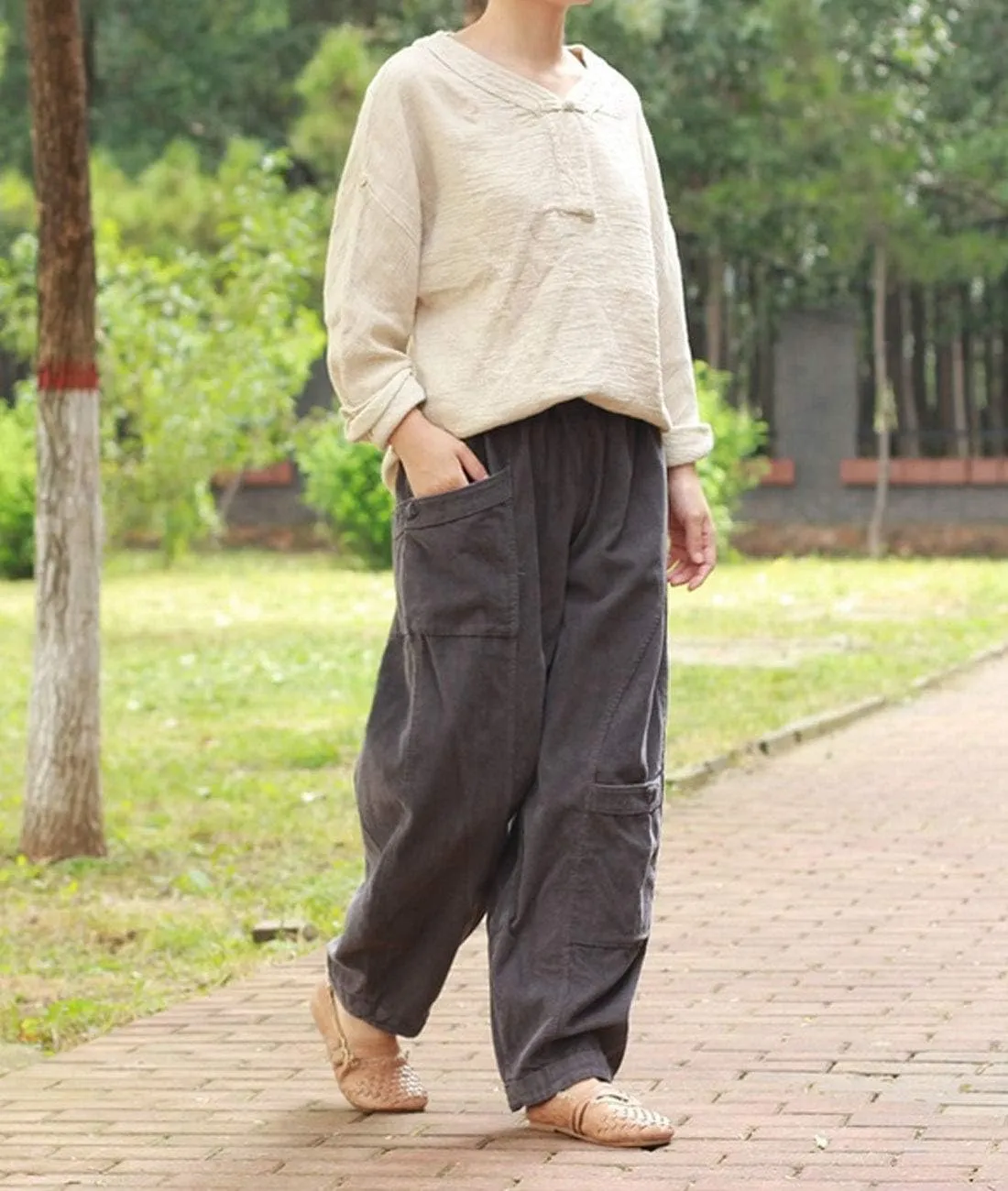 Women's Corduroy Wide Leg Pants with Unique Pockets Bloomers Trousers
