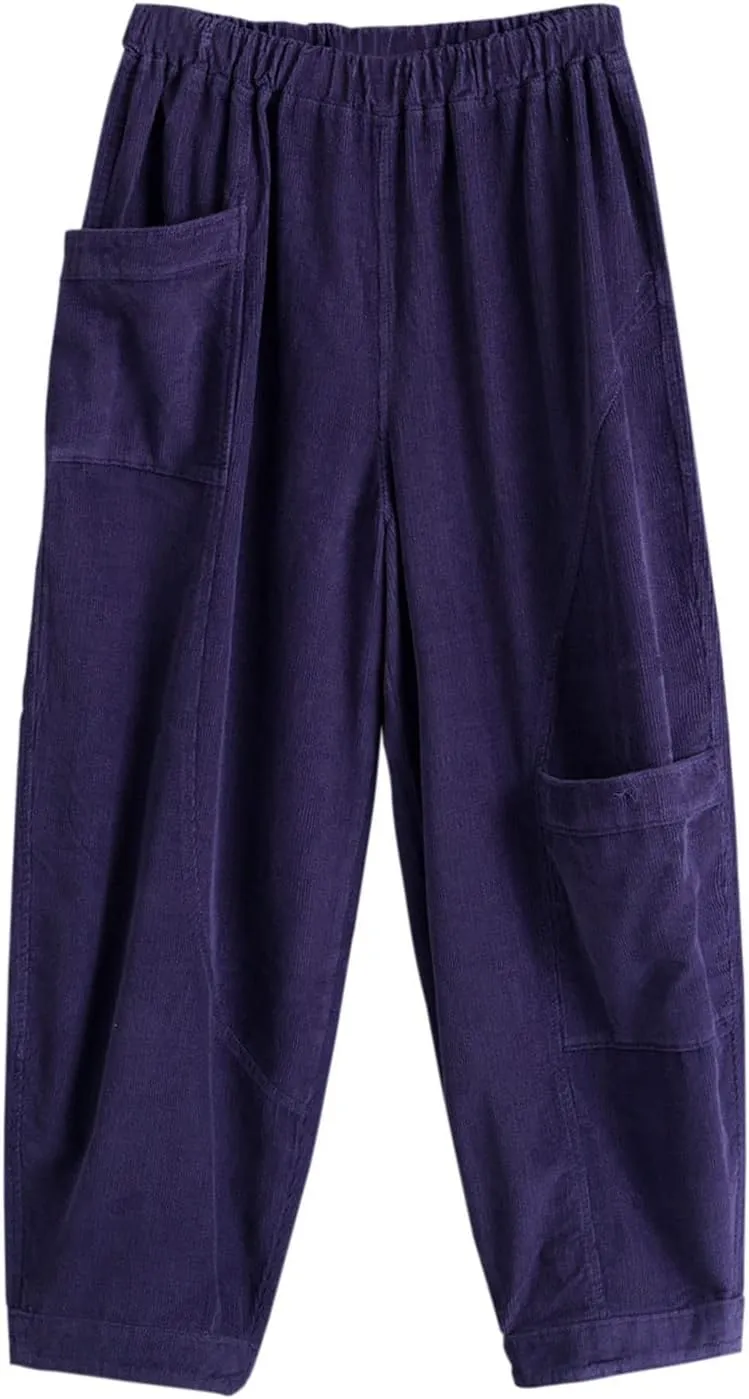 Women's Corduroy Wide Leg Pants with Unique Pockets Bloomers Trousers