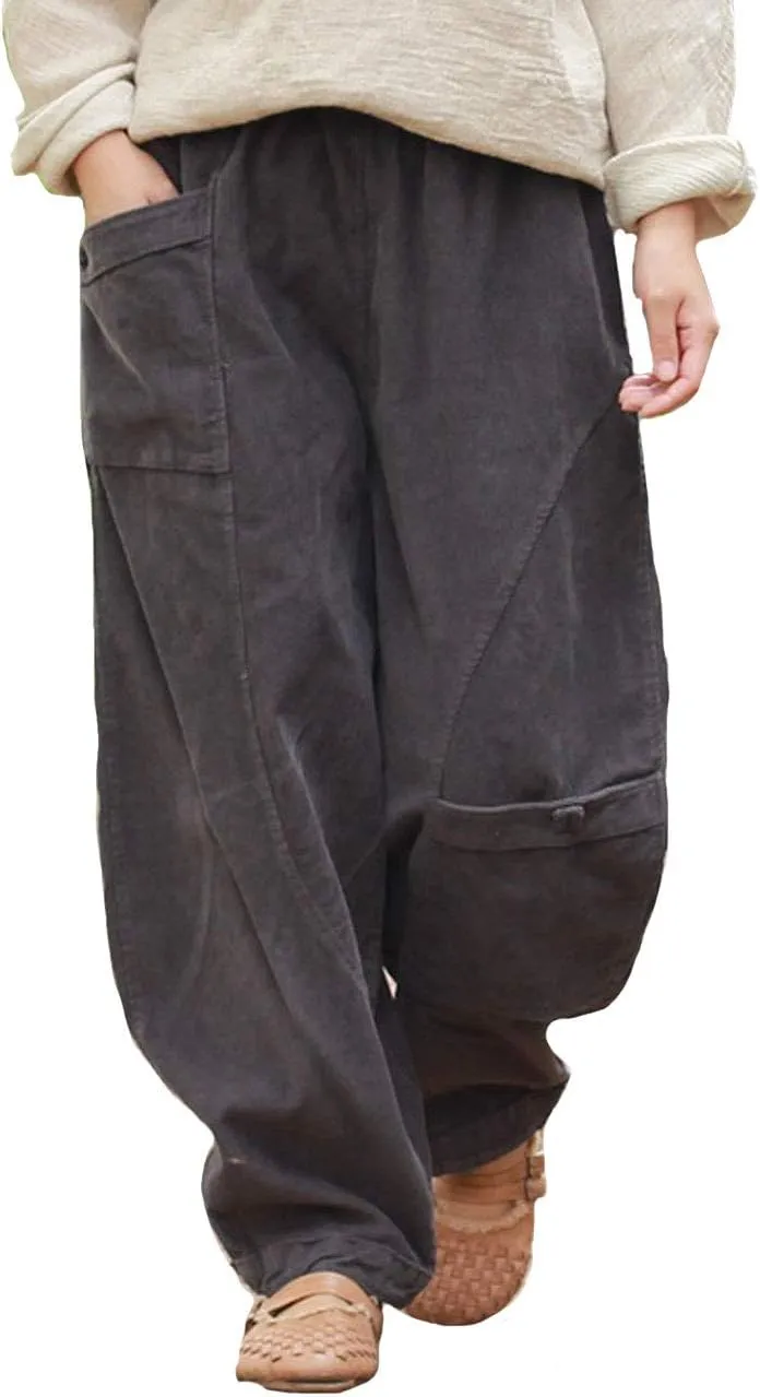 Women's Corduroy Wide Leg Pants with Unique Pockets Bloomers Trousers