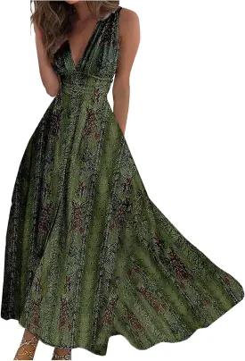 Womens Dresses Flowy Ruched Floral Print Boho Dress Wrap V Neck Sleeveless Sundress Elegant Beach Dresses