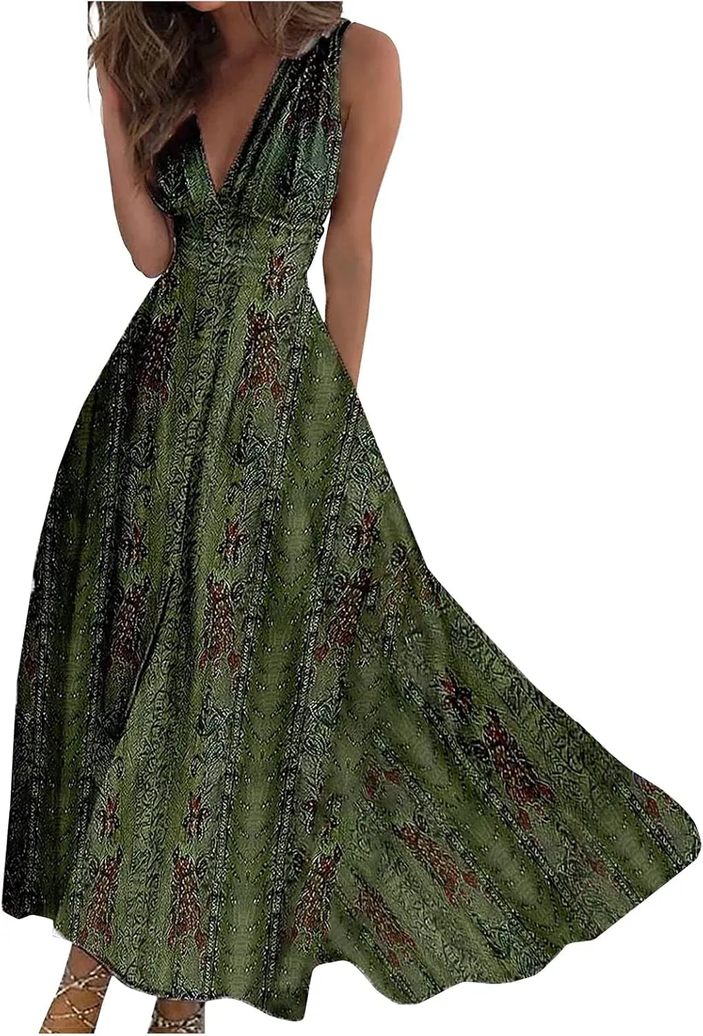 Womens Dresses Flowy Ruched Floral Print Boho Dress Wrap V Neck Sleeveless Sundress Elegant Beach Dresses
