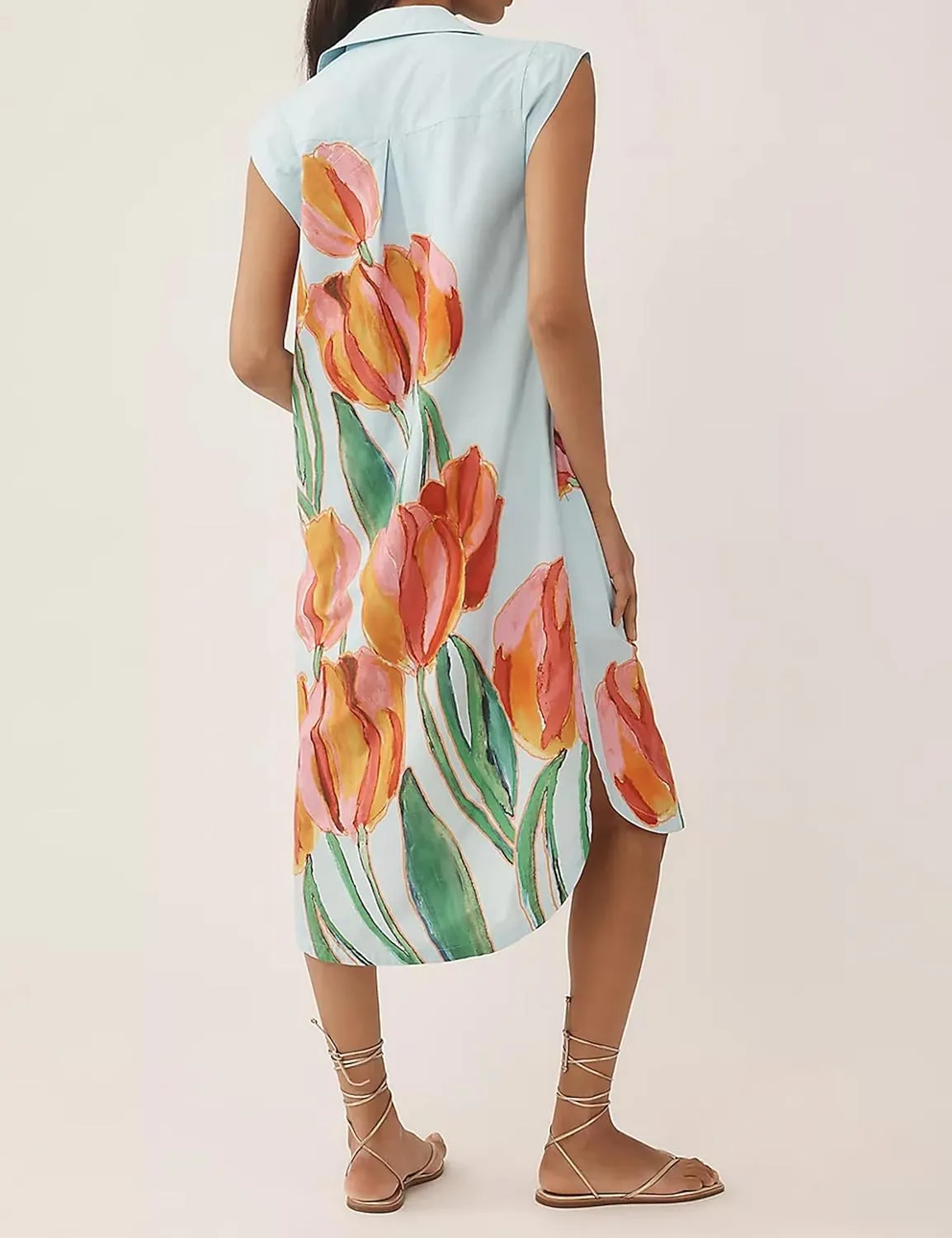 Womens Floral Print Cap Sleeve Button Up Shirt Midi Dress Summer Casual V Neck Cute Loose Fit Dress