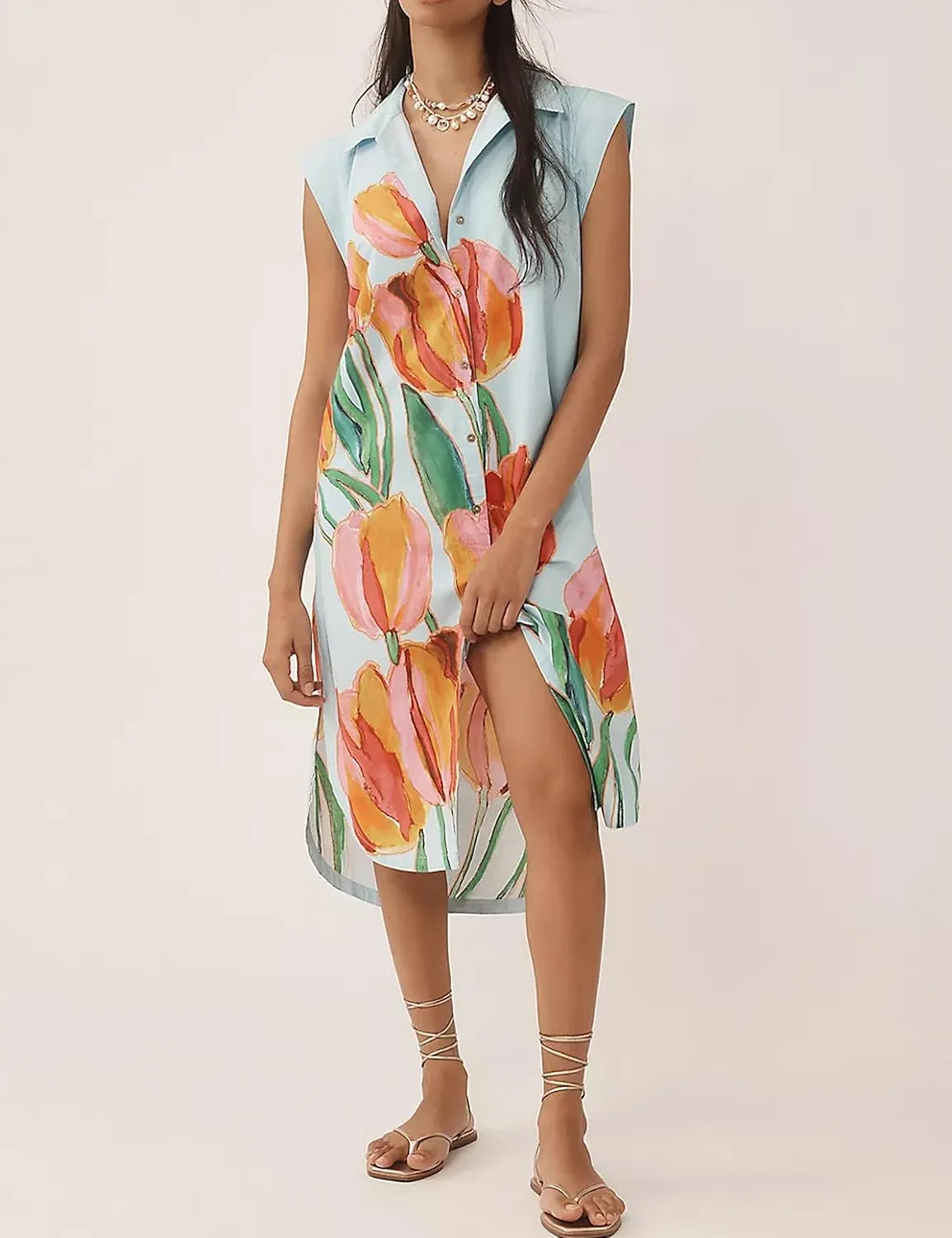 Womens Floral Print Cap Sleeve Button Up Shirt Midi Dress Summer Casual V Neck Cute Loose Fit Dress