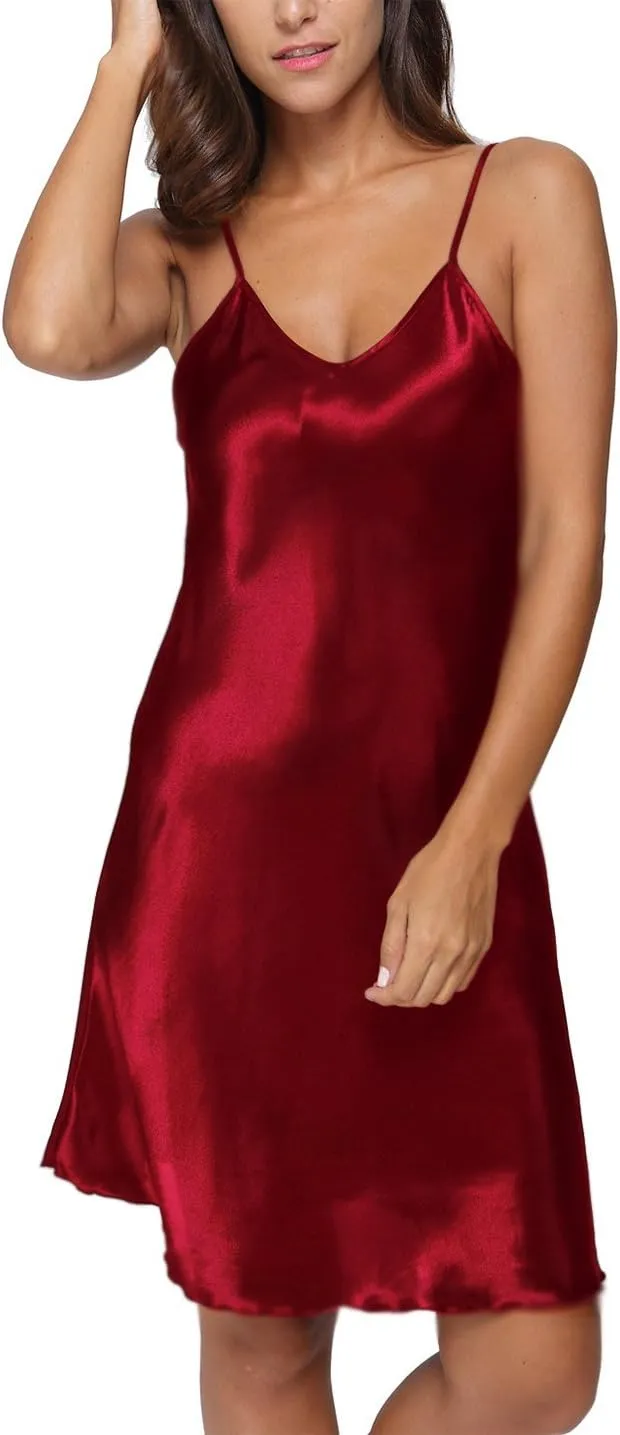 Women's Satin Nightgown Sexy V Neck Spaghetti Strap Nightdress Chemise Babydoll Lingerie Full Slips Sleepwear