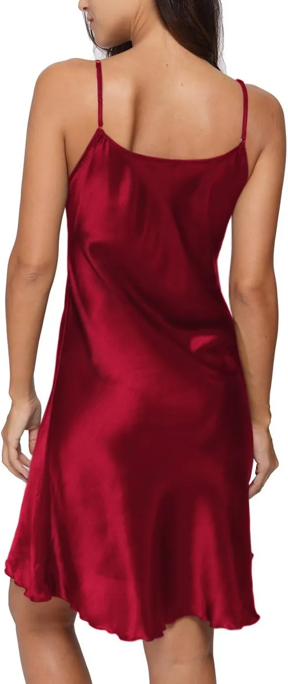 Women's Satin Nightgown Sexy V Neck Spaghetti Strap Nightdress Chemise Babydoll Lingerie Full Slips Sleepwear
