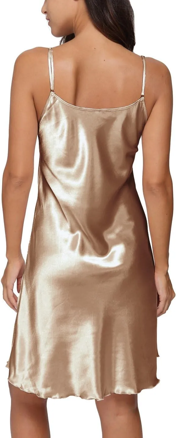 Women's Satin Nightgown Sexy V Neck Spaghetti Strap Nightdress Chemise Babydoll Lingerie Full Slips Sleepwear