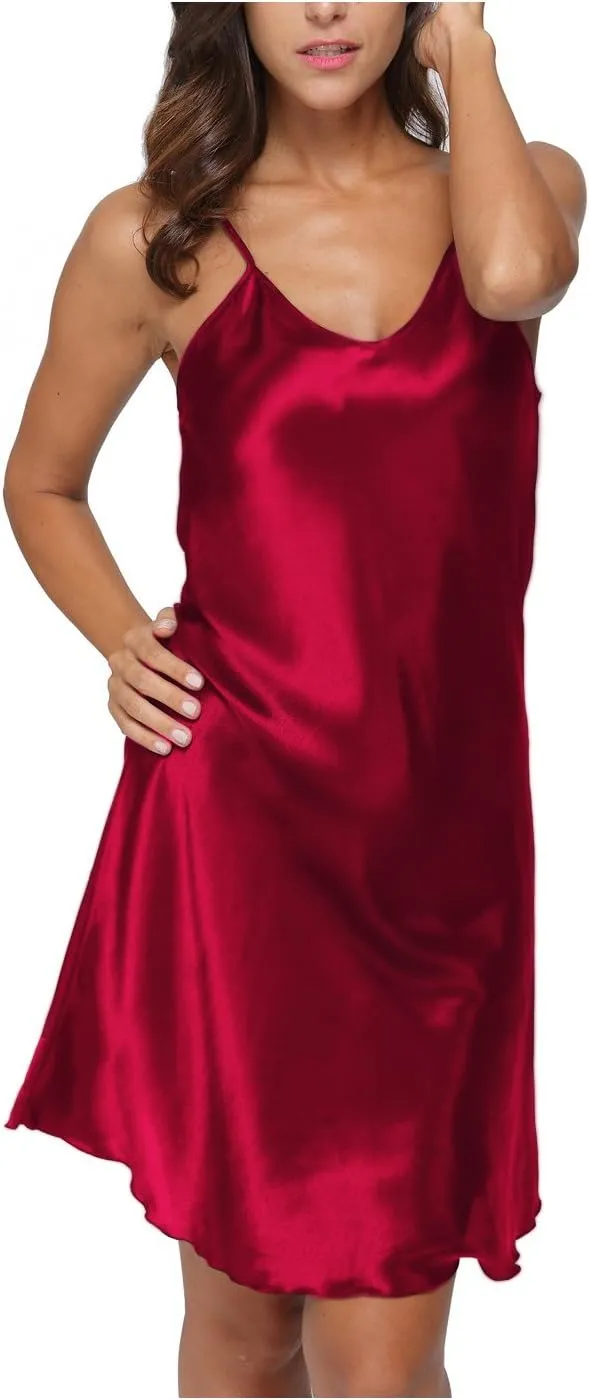 Women's Satin Nightgown Sexy V Neck Spaghetti Strap Nightdress Chemise Babydoll Lingerie Full Slips Sleepwear
